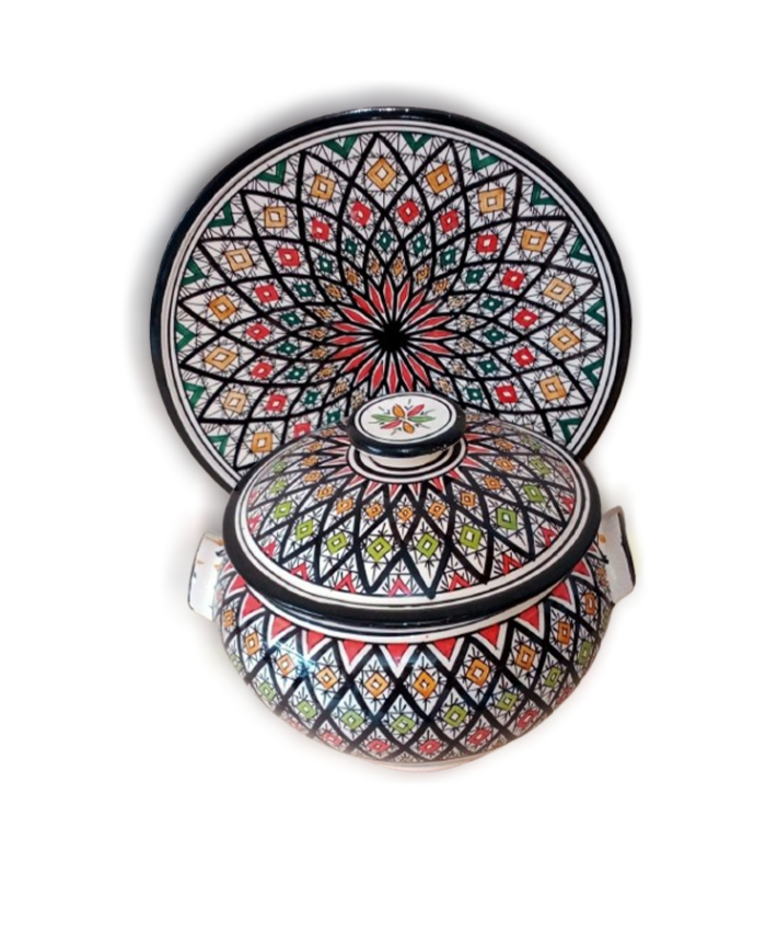 Hand-painted Moroccan ceramic bowl and matching plate featuring intricate geometric designs in black, red, and Pink.
