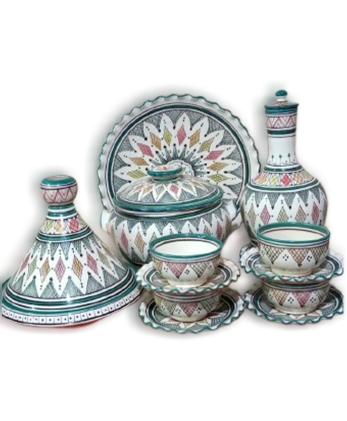 Moroccan ceramic decorative pack including a decorative tagine, serving plate, lidded bowl, pitcher, and multiple bowls with saucers, all hand-painted with intricate geometric designs.