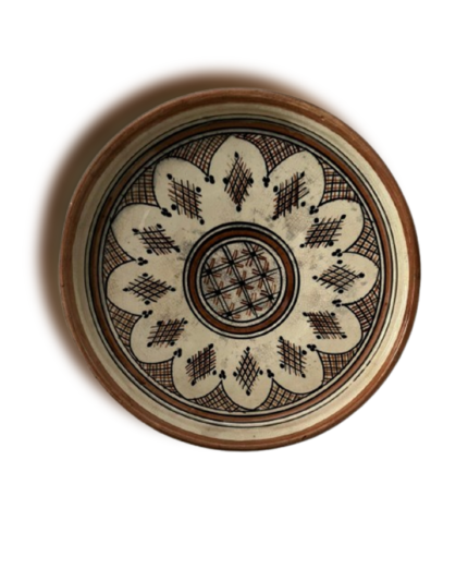 Hand-painted Moroccan ceramic plate featuring intricate geometric patterns in brown and black on a beige background.