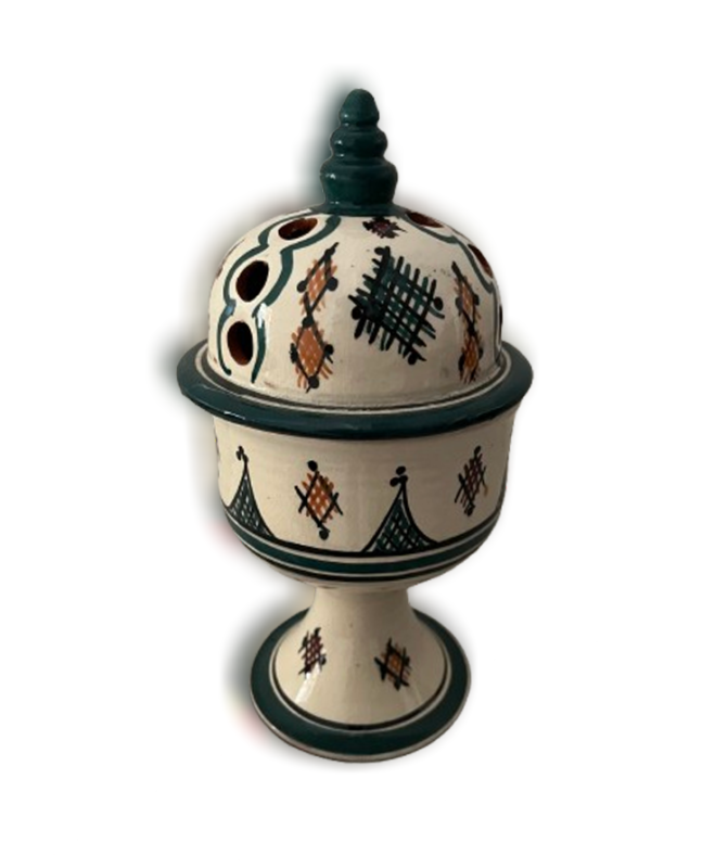 Hand-painted Moroccan ceramic incense burner with a pedestal design, a fitted lid with openings, and geometric patterns in green, brown, and black.