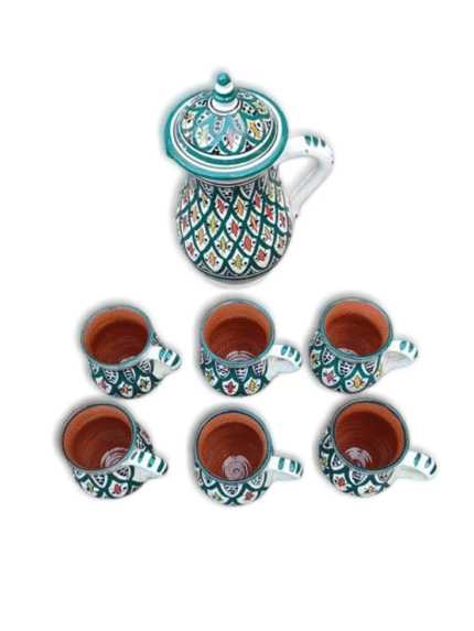 Hand-Painted Moroccan Ceramic Pitcher and Mug Set (7 Pieces)