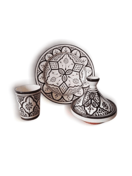 Tajine, Plate and Cup Ceramic Pack - Black & White Mot