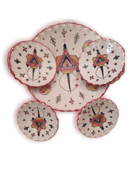 Artisan Red Rim Safi Ceramic Set - Berber Design (5 Pieces)