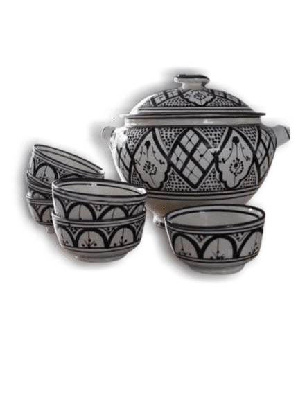 Moroccan Black & White Ceramic Soup Set (Floral & Geometric Design)