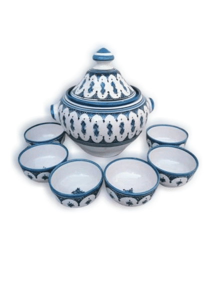 Moroccan Blue and White Ceramic Serving Set (Safi Tagine Style)