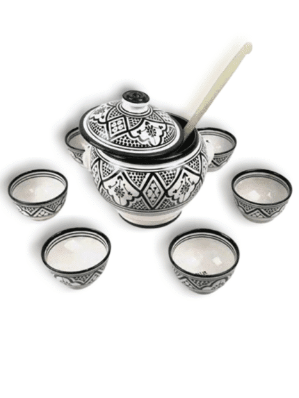 Moroccan Black & White Ceramic Serving Set with Terracotta Interior